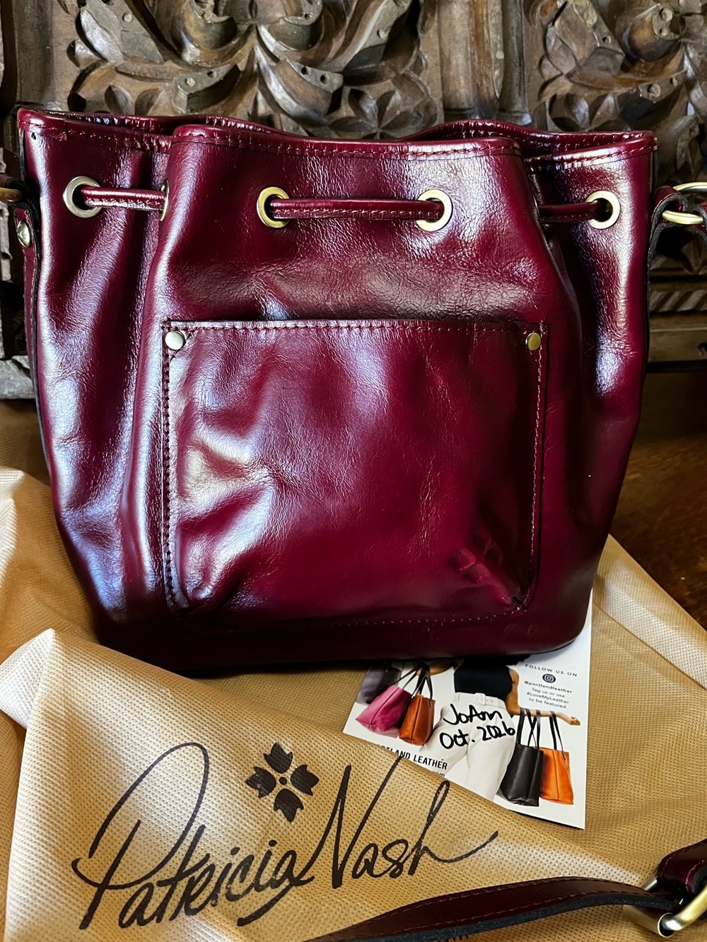 Patricia Nash Wine Burgundy Leather Drawstring Shoulder Bag